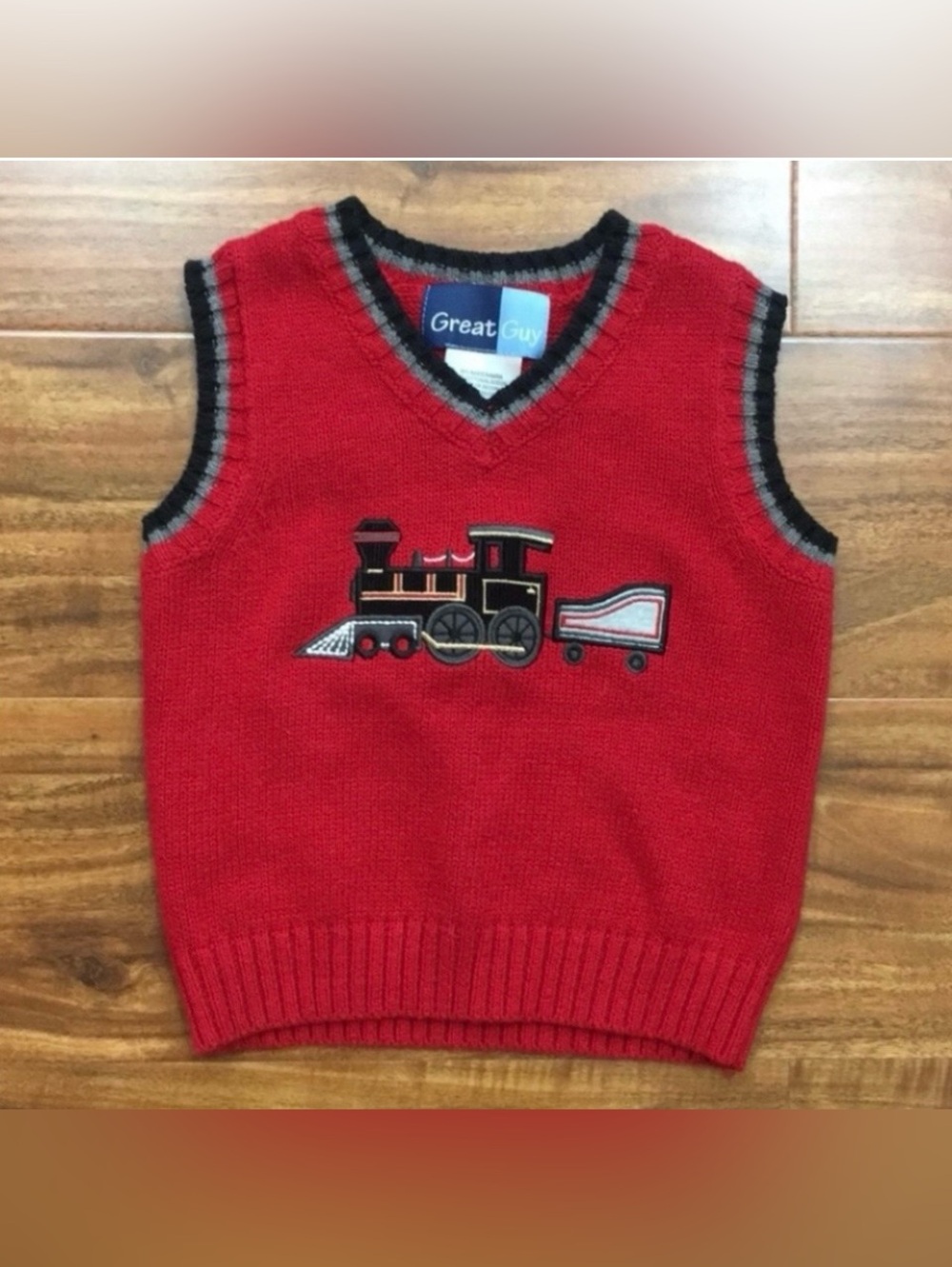 Great Guy Boys Red Knit Choo Choo Train Sweater Vest Size 24M Classic Academia